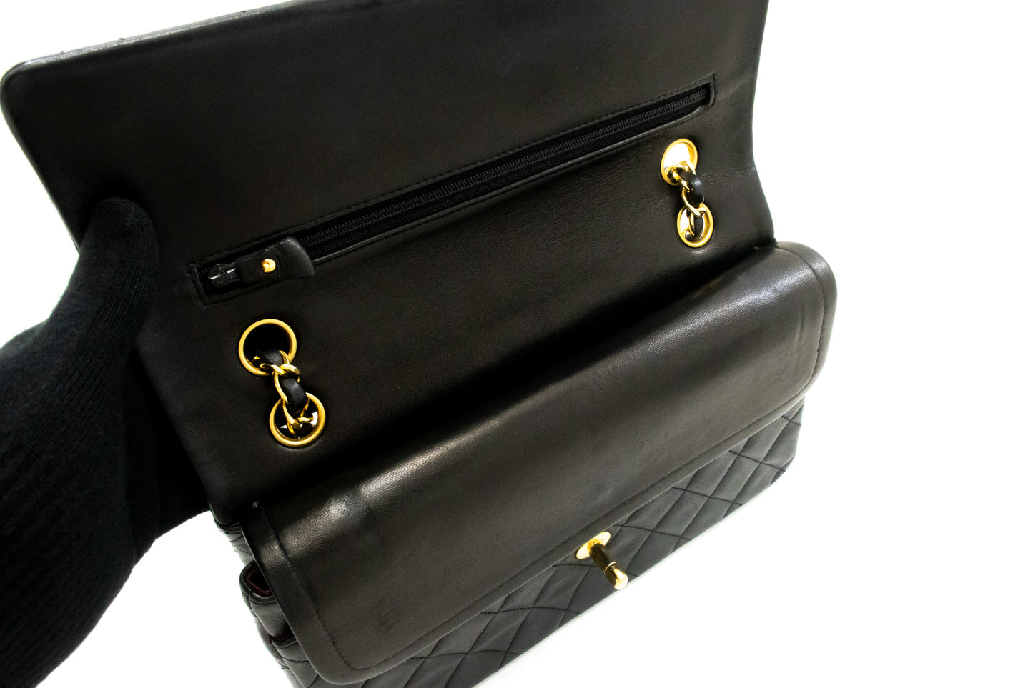 CHANEL Classic Double Flap 10" Chain Shoulder Bag Black Lambskin am3 hannari-shop