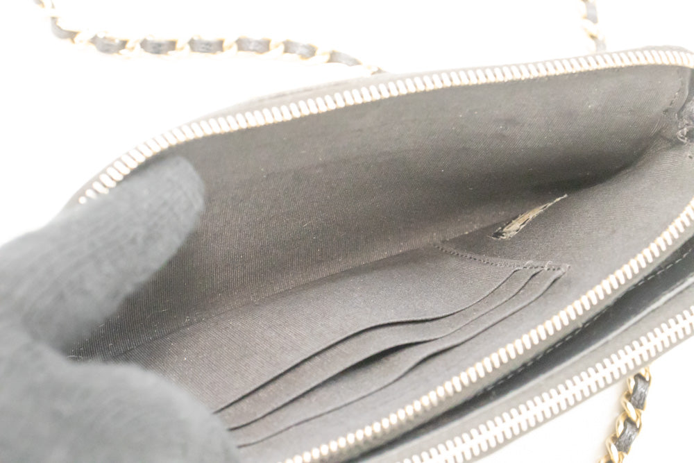 CHANEL Boy Zwarte Caviar Portemonnee Aan Ketting WOC Dubbele Ritssluiting Schoudertas n35 hannari-shop
