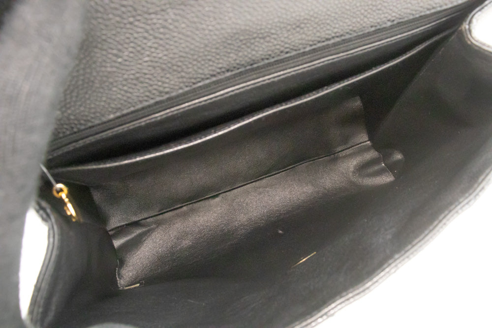 CHANEL Caviar Handtas Top Handle Tas Kelly Zwart Flap Leer Goud n63 hannari-shop