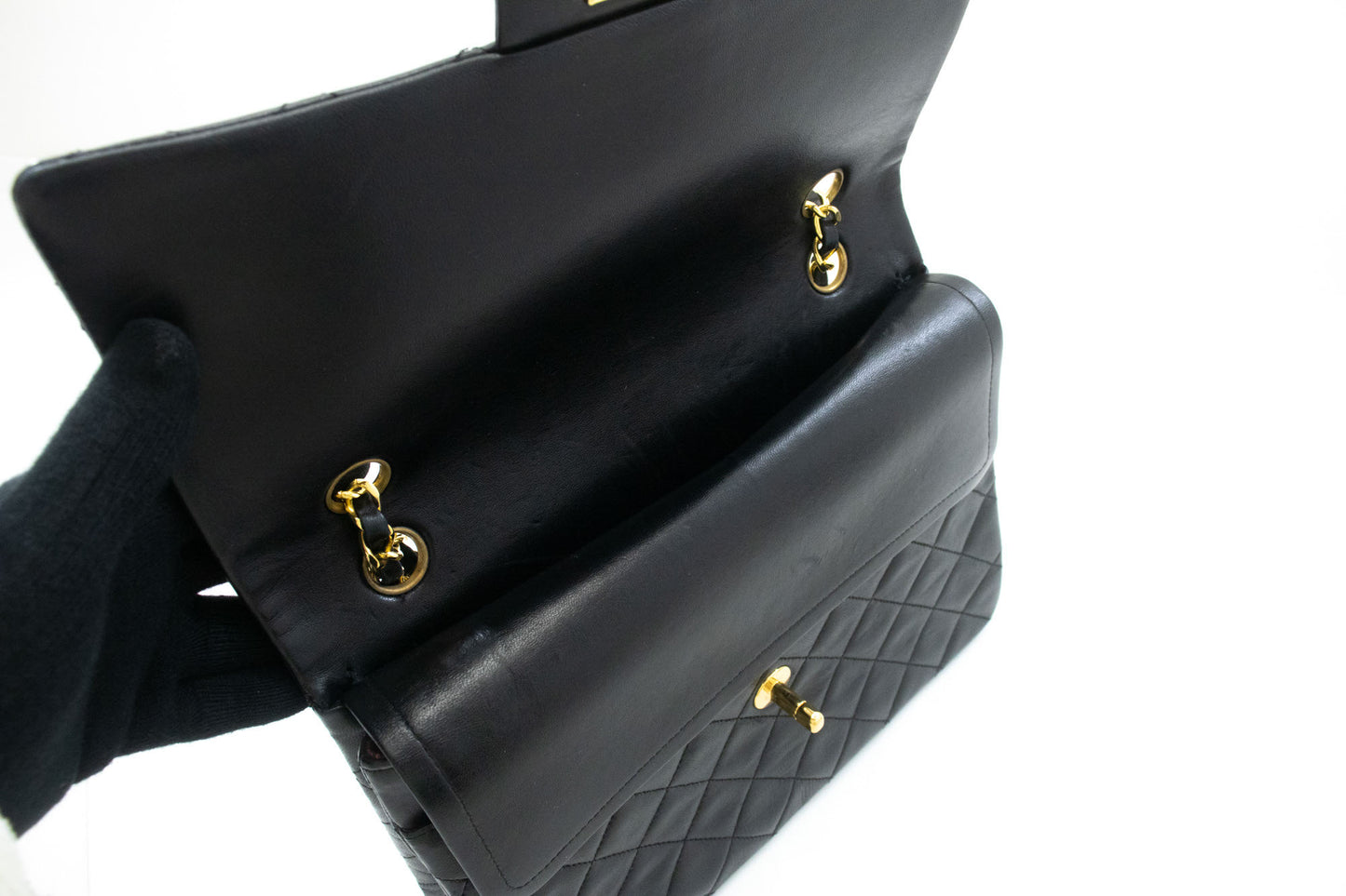 CHANEL Classic Double Flap Square Chain Schoudertas Zwart Lam ad7 hannari-shop
