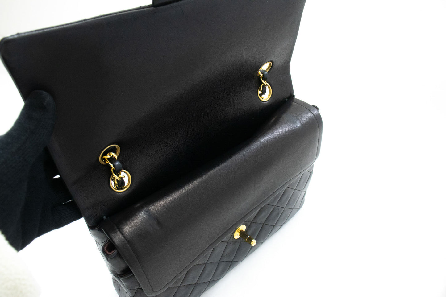 CHANEL Classic Double Flap Square Chain Schoudertas Zwart Lam ad1 hannari-shop