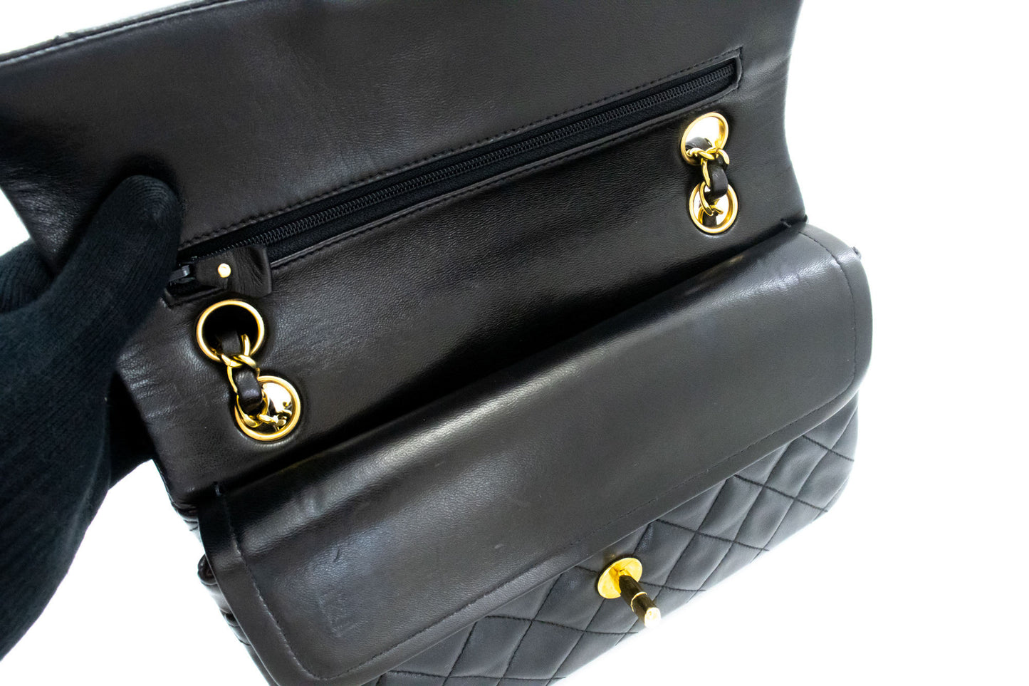 CHANEL Classic Double Flap 9" Chain Shoulder Bag Black Lambskin ai4 hannari-shop