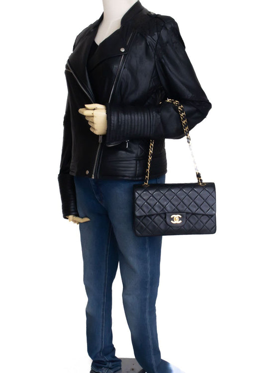 CHANEL Classic Double Flap 9" Chain Schoudertas Zwart Lamsleer aj4 hannari-shop
