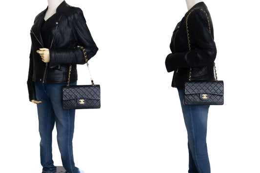 CHANEL Classic Double Flap 9" Chain Schoudertas Zwart Lamsleer aj4 hannari-shop