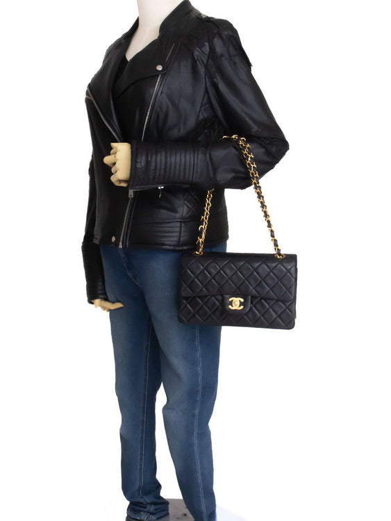 CHANEL Classic Double Flap 9" Chain Schoudertas Zwart Lamsleer aj7 hannari-shop
