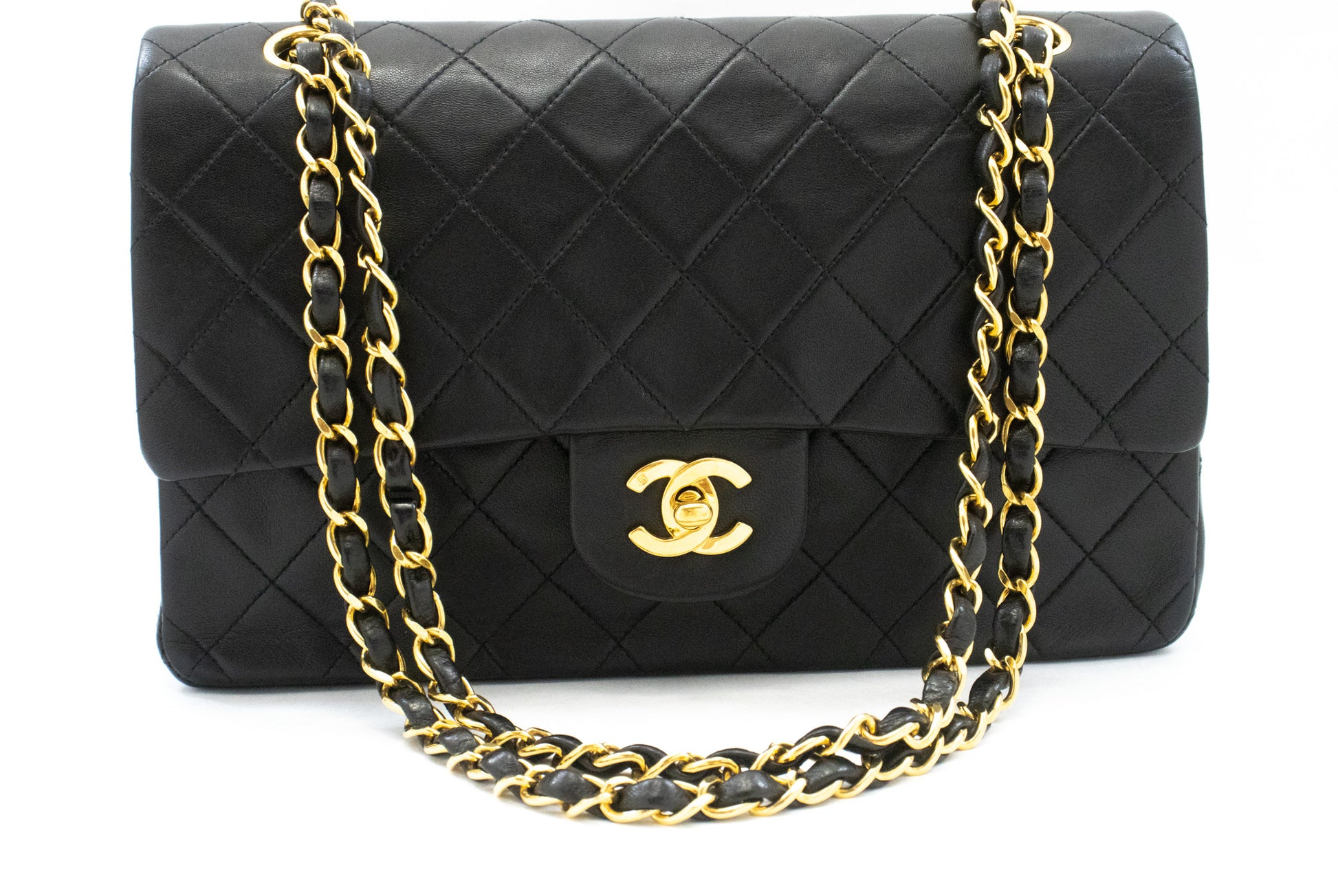 CHANEL Classic Double Flap 10" Chain Shoulder Bag Black Lambskin am1 hannari-shop