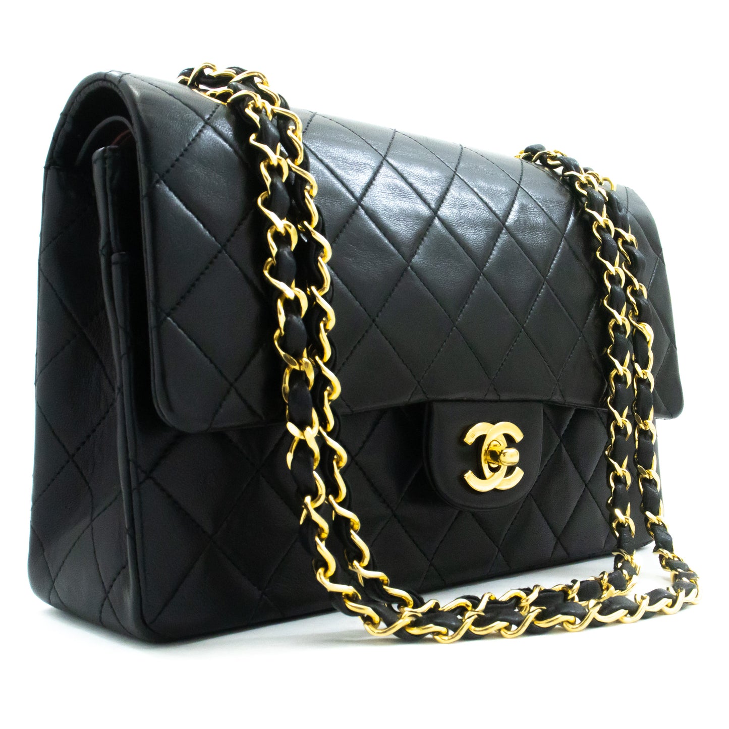 CHANEL Classic Double Flap 10" Chain Shoulder Bag Black Lambskin ak9 hannari-shop