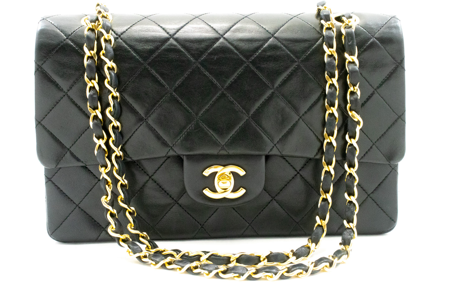 CHANEL Classic Double Flap 10" Chain Shoulder Bag Black Lambskin ak9 hannari-shop