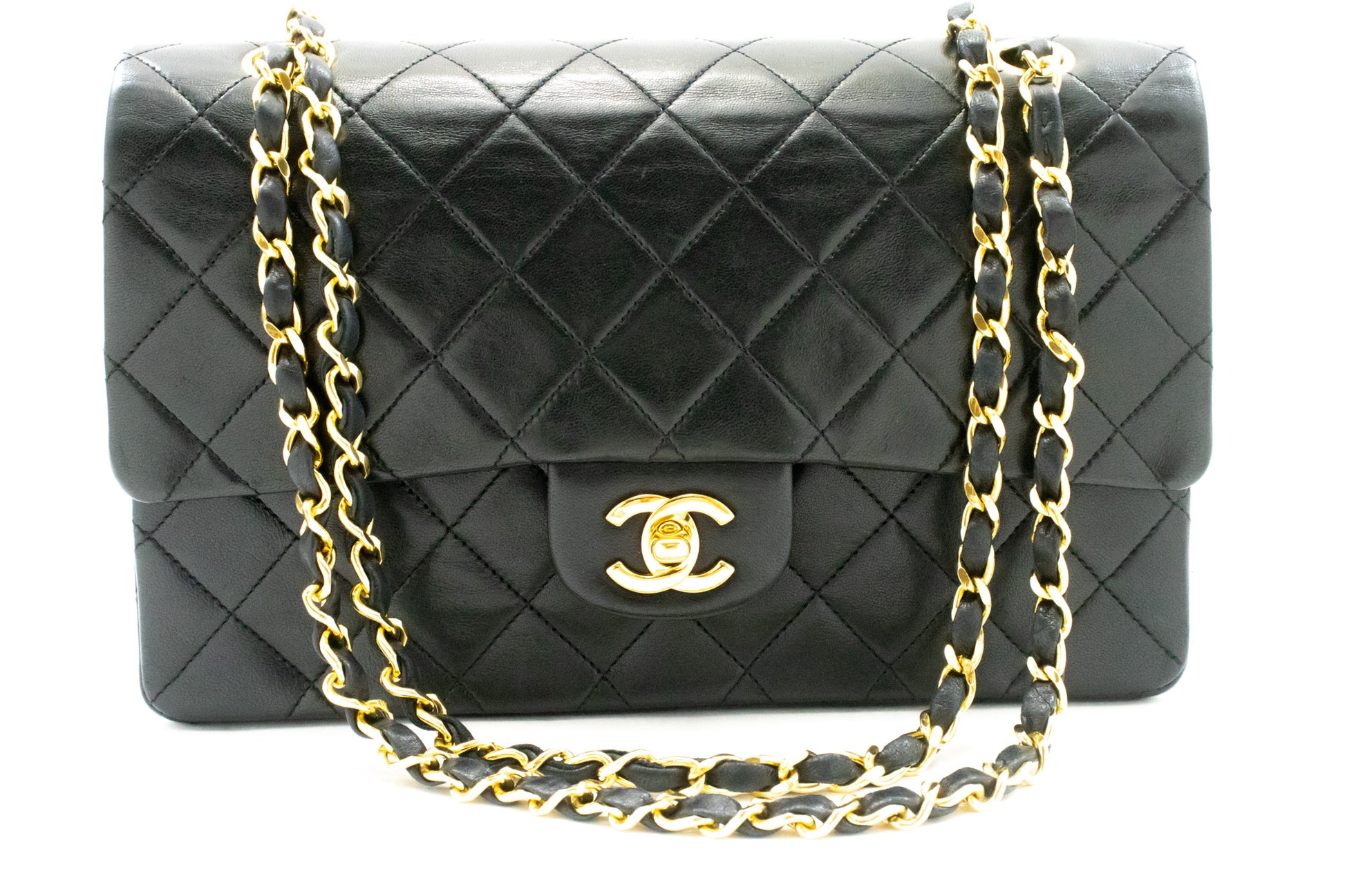 CHANEL Classic Double Flap 10" Chain Shoulder Bag Black Lambskin ak9 hannari-shop