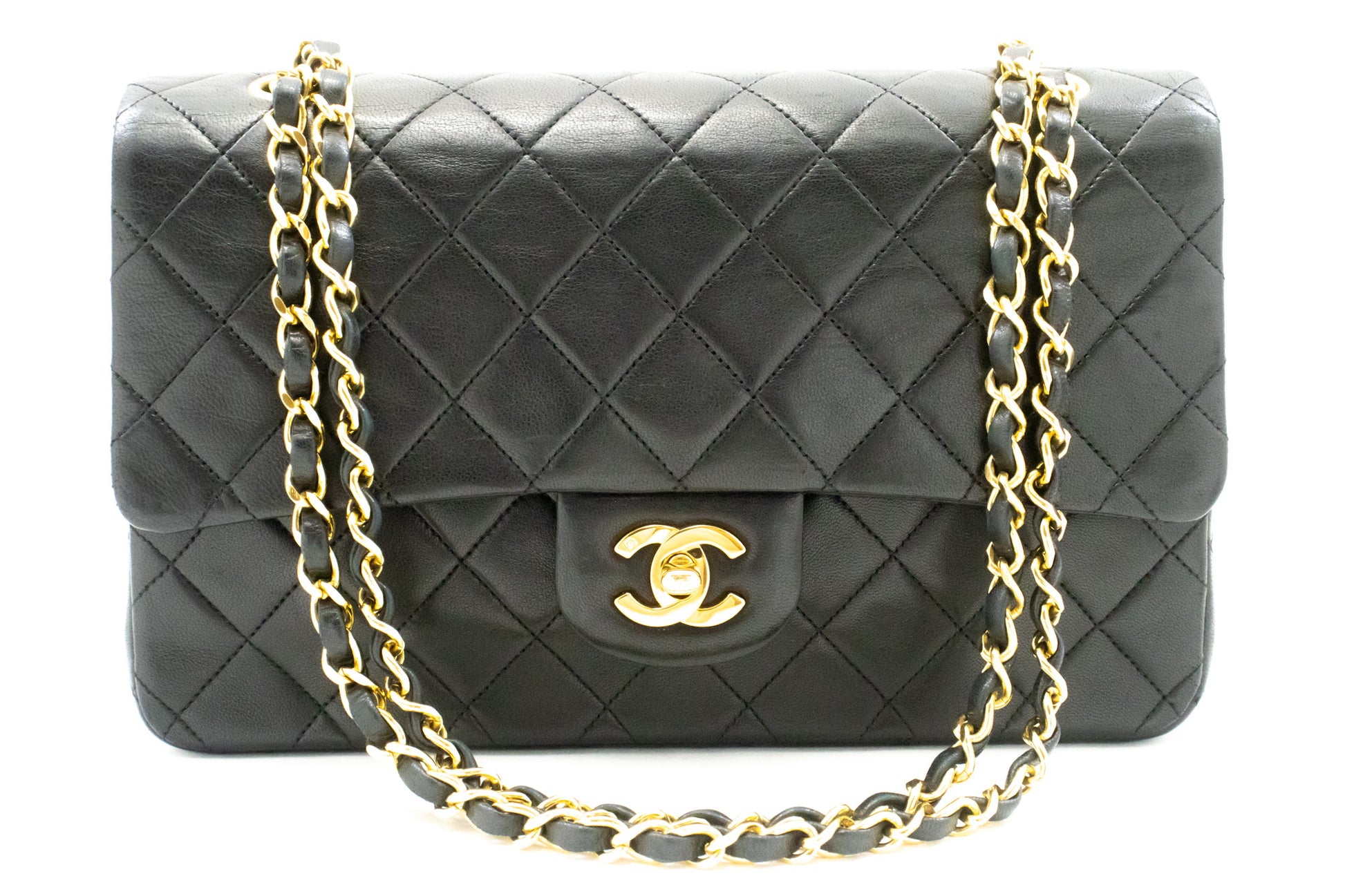 CHANEL Classic Double Flap 10" Chain Shoulder Bag Black Lambskin ak7 hannari-shop
