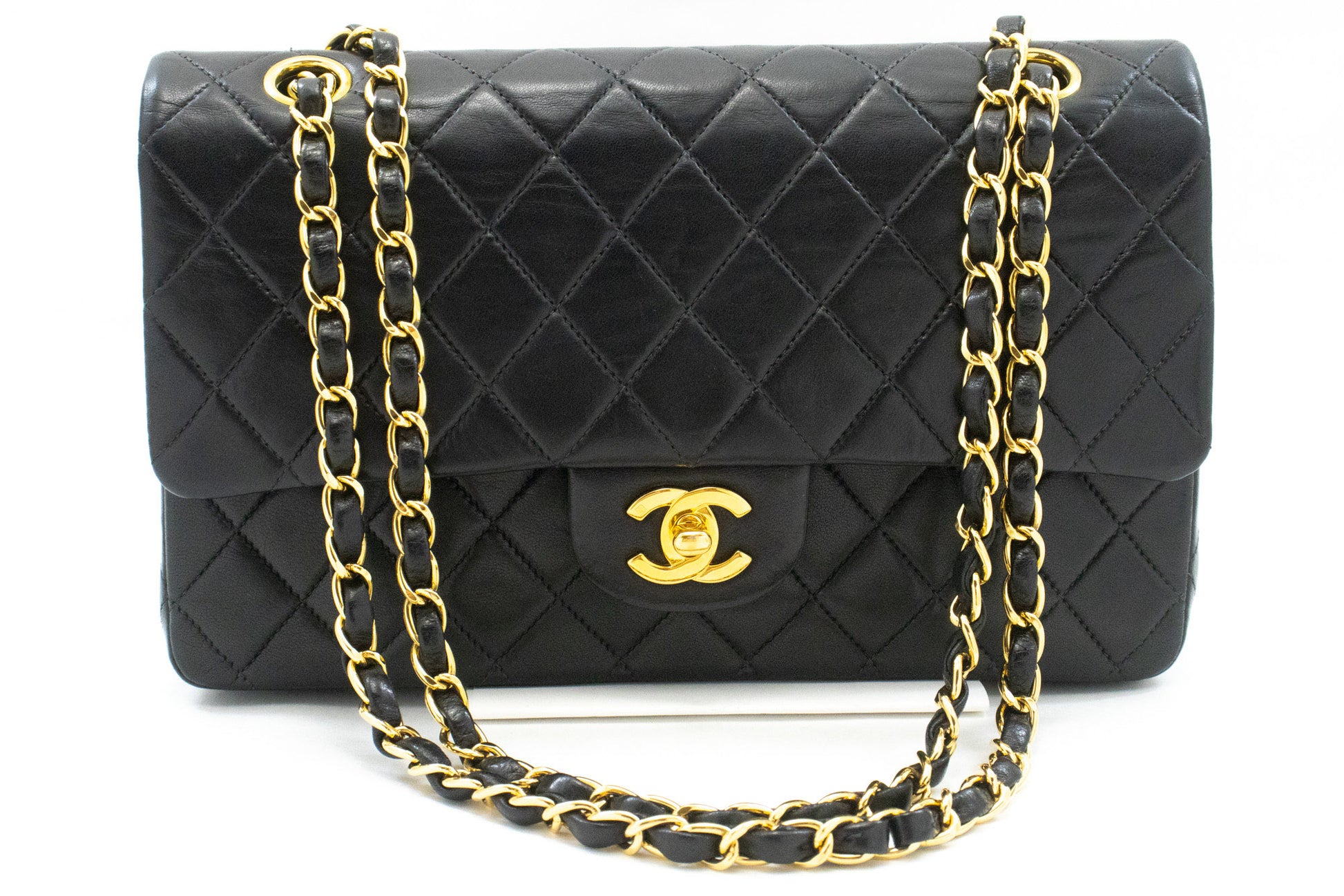 CHANEL Classic Double Flap 10" Chain Shoulder Bag Black Lambskin am9 hannari-shop