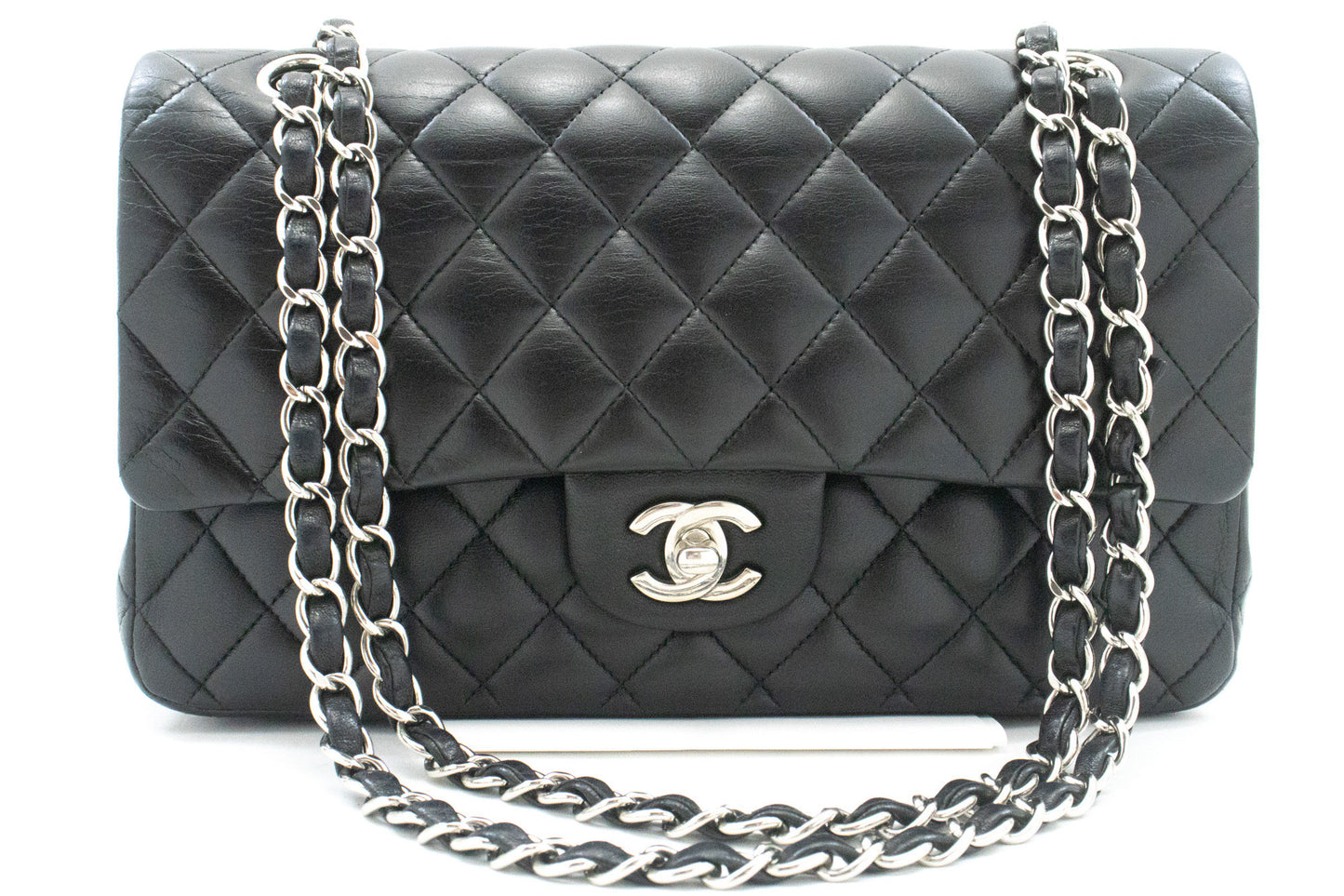 CHANEL Classic Double Flap 10" Chain Shoulder Bag Black Lambskin am5 hannari-shop