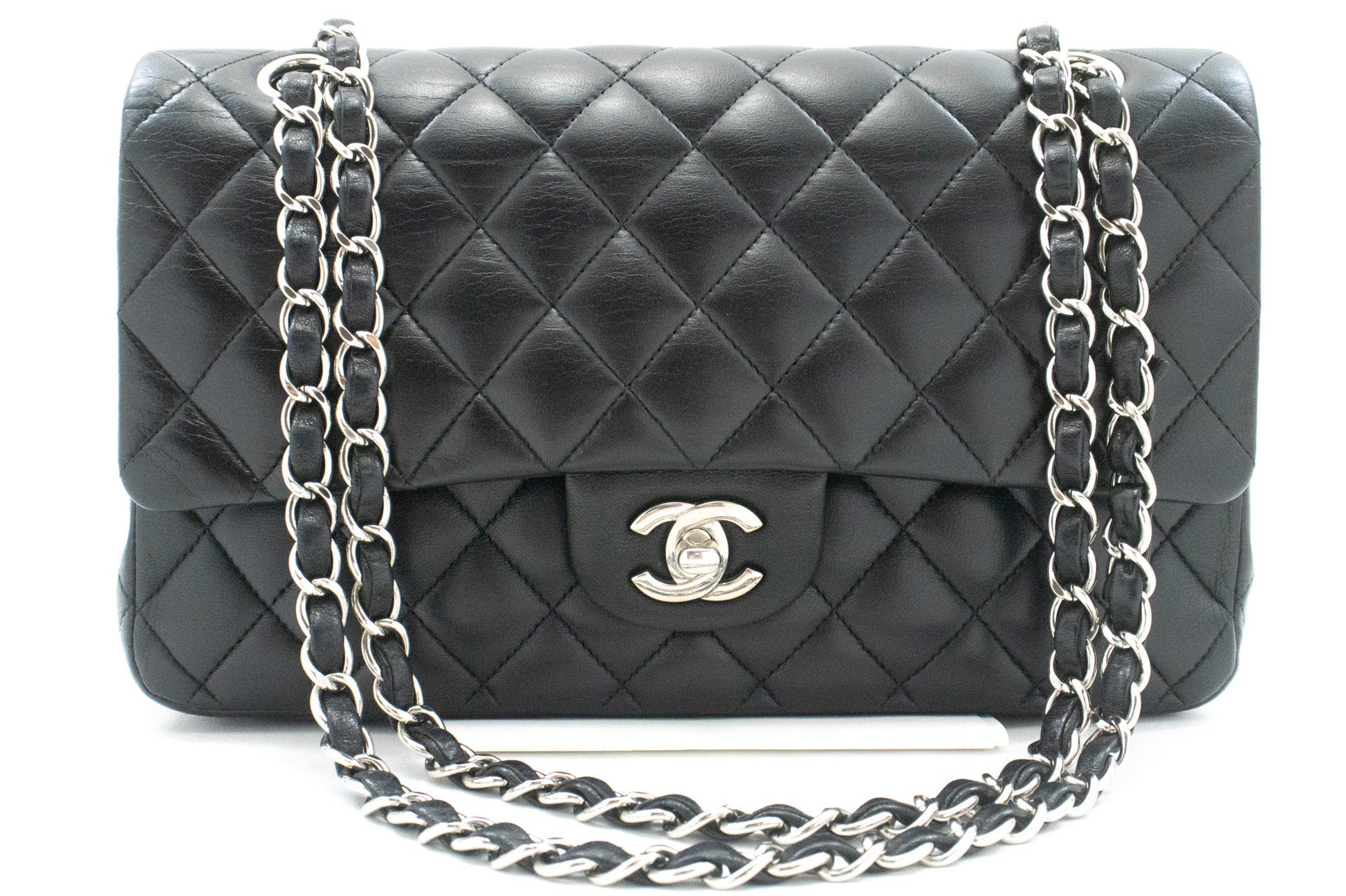 CHANEL Classic Double Flap 10" Chain Shoulder Bag Black Lambskin am5 hannari-shop