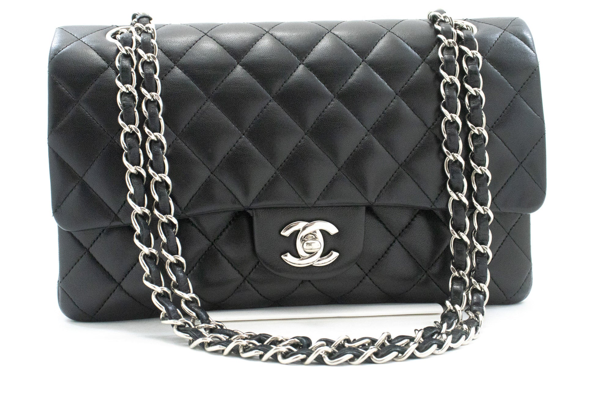 CHANEL Classic Double Flap 10" Chain Shoulder Bag Black Lambskin am6 hannari-shop