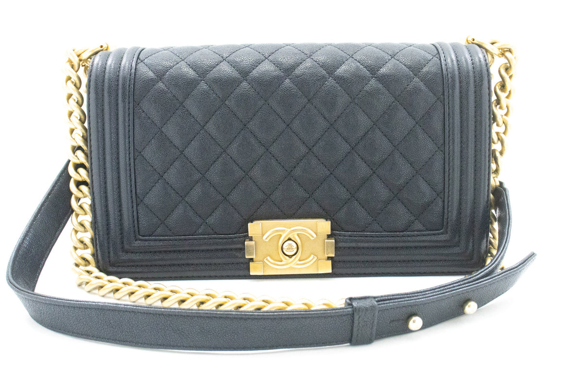 CHANEL Boy Grained Calfskin Chain Shoulder Bag Black Quilted Gold an7 hannari-shop