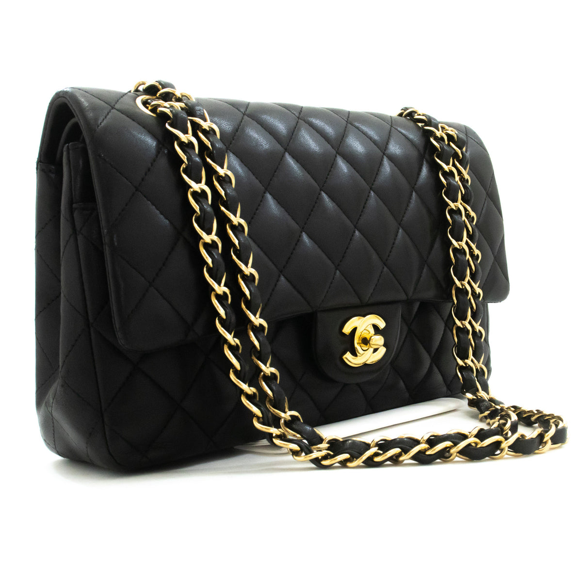 CHANEL Classic Double Flap 10" Chain Shoulder Bag Zwart lamsleer aq1 — bovenaanzicht hannari-shop