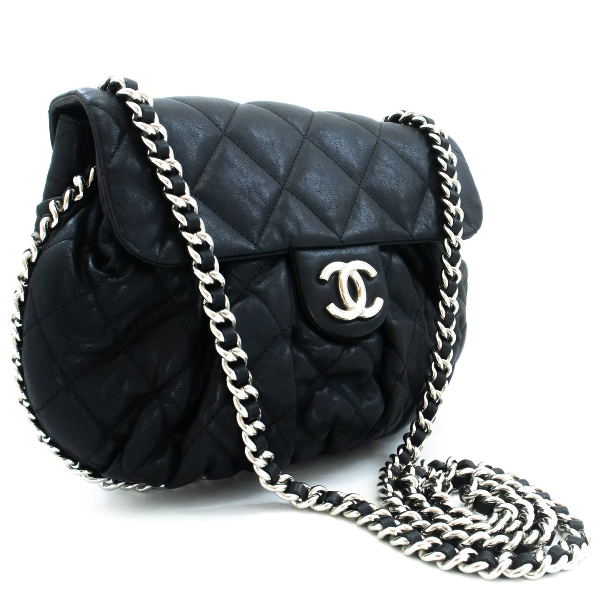 CHANEL Chain Around Shoulder Bag Crossbody Zwart kalfsleer ap9 — bovenaanzicht hannari-shop