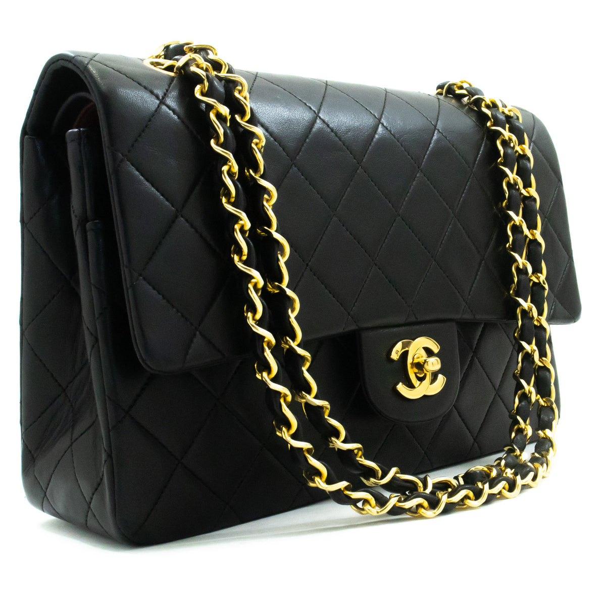 CHANEL Classic Double Flap 10" Chain Shoulder Bag Zwarte lamsvacht ao6 — bovenaanzicht hannari-shop