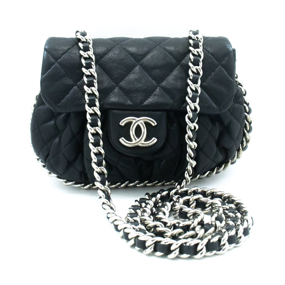 CHANEL Chain Around Small Shoulder Bag Crossbody Zwart kalfsleer ap7 — bovenaanzicht hannari-shop