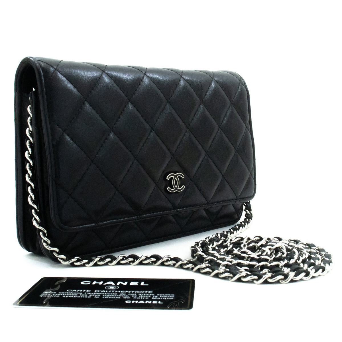 CHANEL Zwarte Classic Wallet On Chain WOC Schoudertas Lamsleer SV ap8 — bovenaanzicht hannari-shop