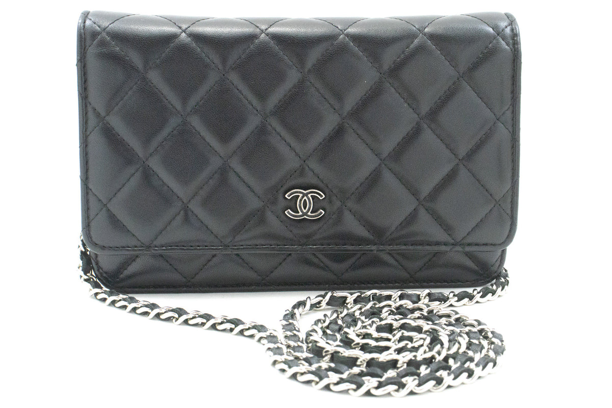 CHANEL Zwarte Classic Wallet On Chain WOC Schoudertas Lamsleer SV ap8 — voorkant hannari-shop