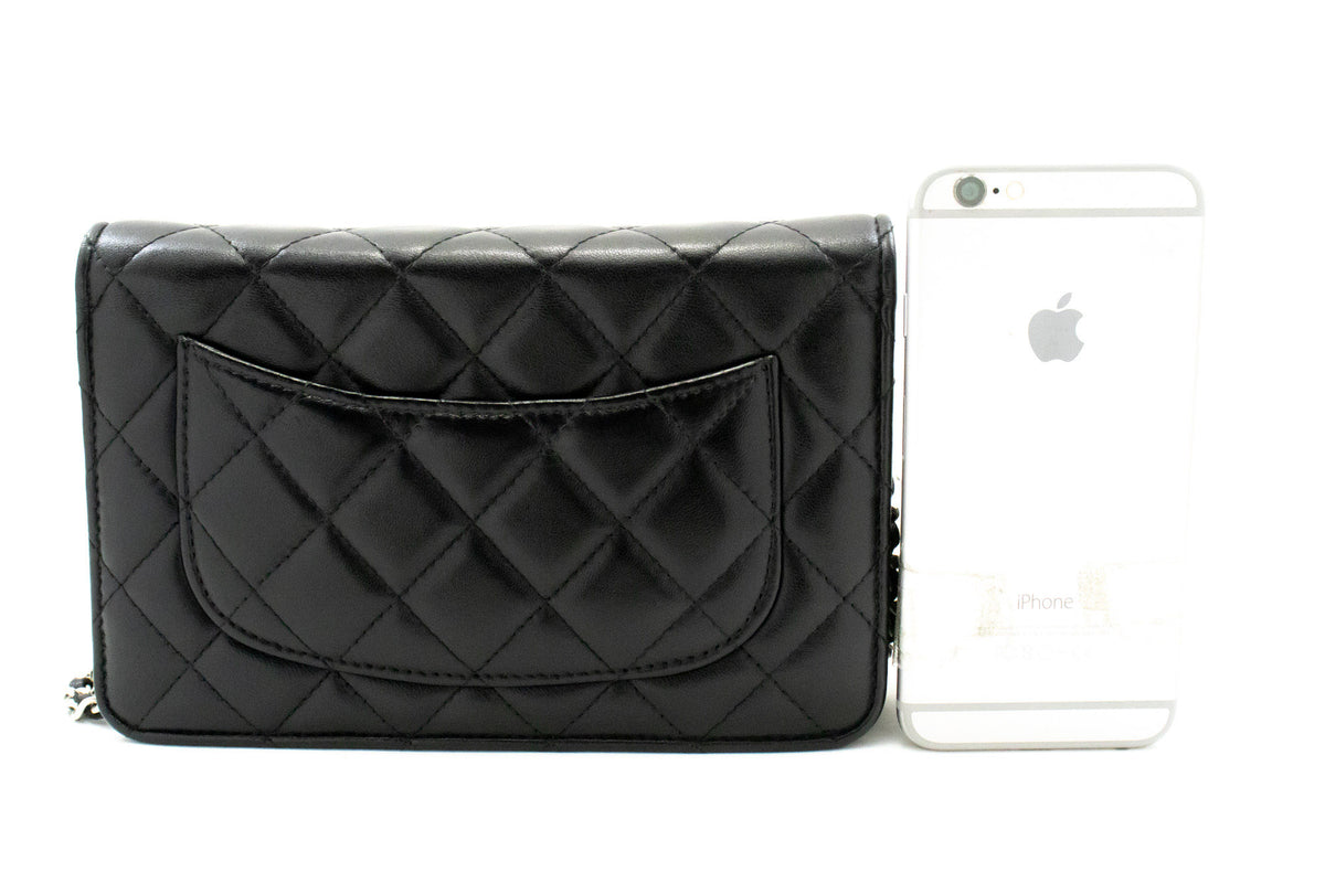 CHANEL Zwarte Classic Wallet On Chain WOC Schoudertas Lamsleer SV ap8 — achterkant hannari-shop