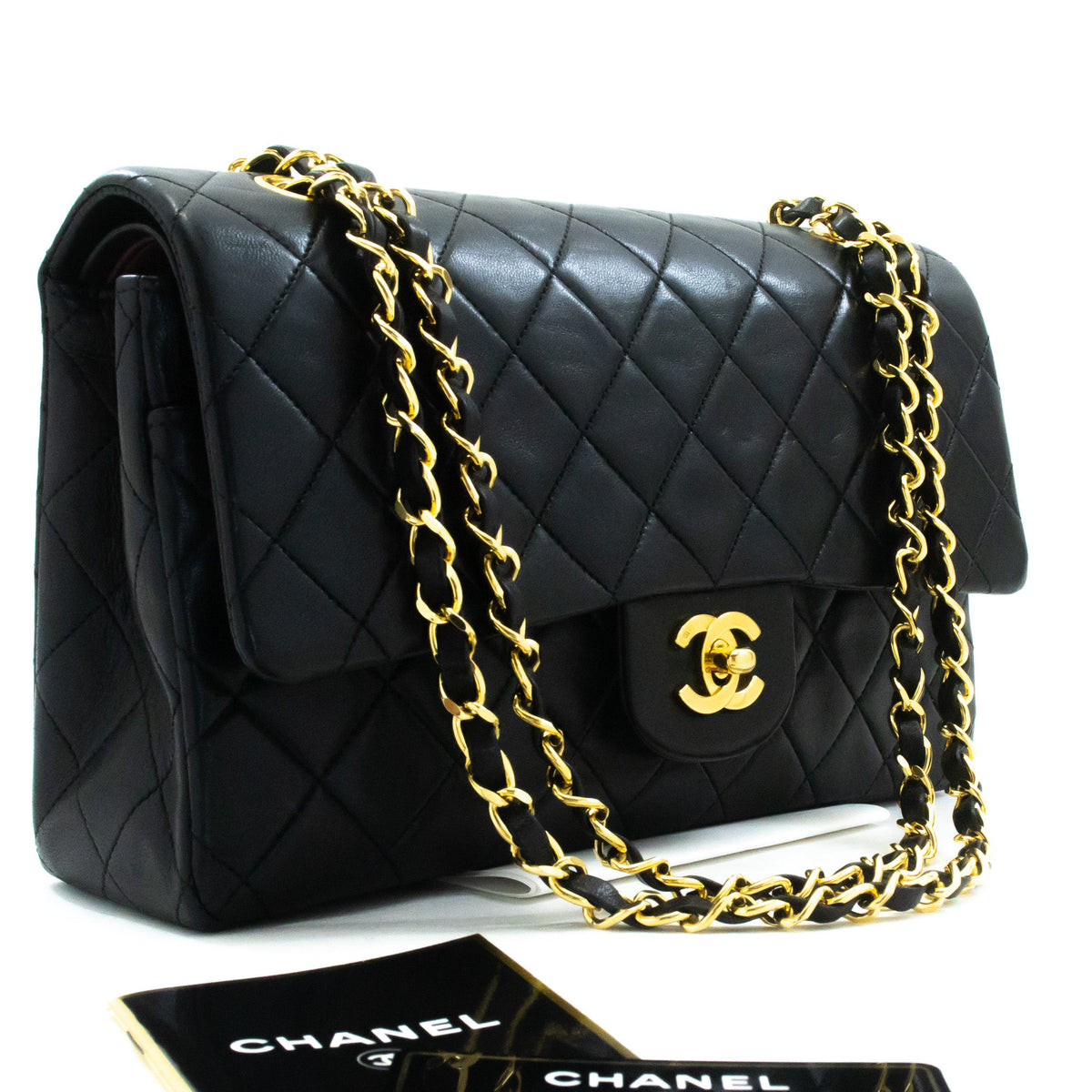 CHANEL Classic Double Flap 10" Chain Schoudertas Zwart Lamsleer ap6 — bovenaanzicht hannari-shop
