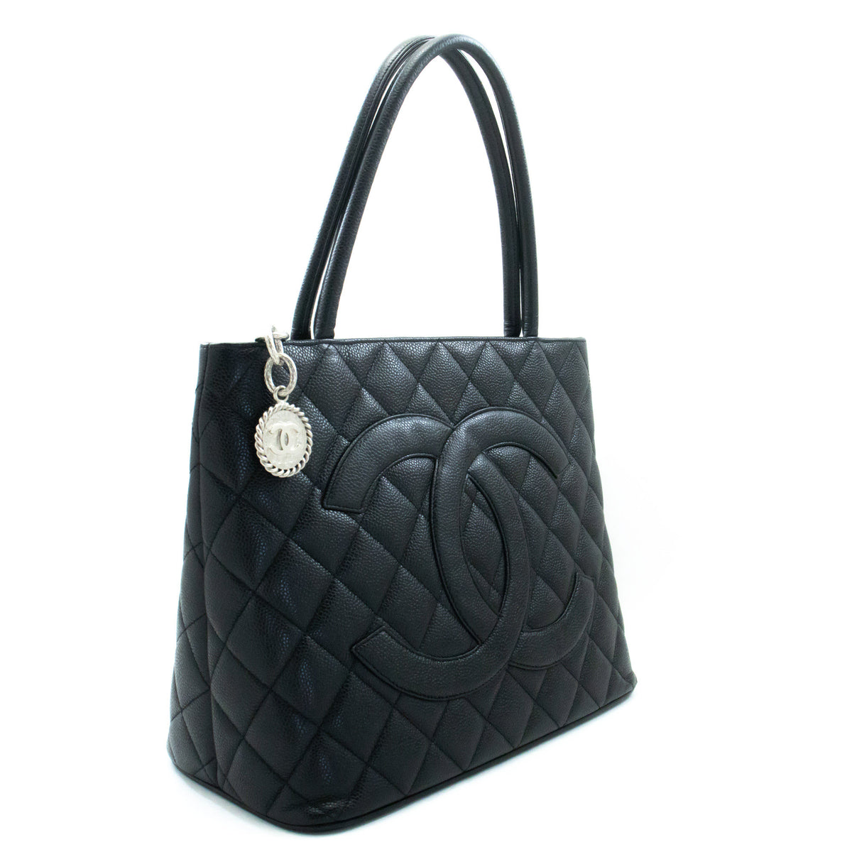CHANEL Silver Medallion Grained Calfskin Leather Shoulder Bag ap3 — top view hannari-shop