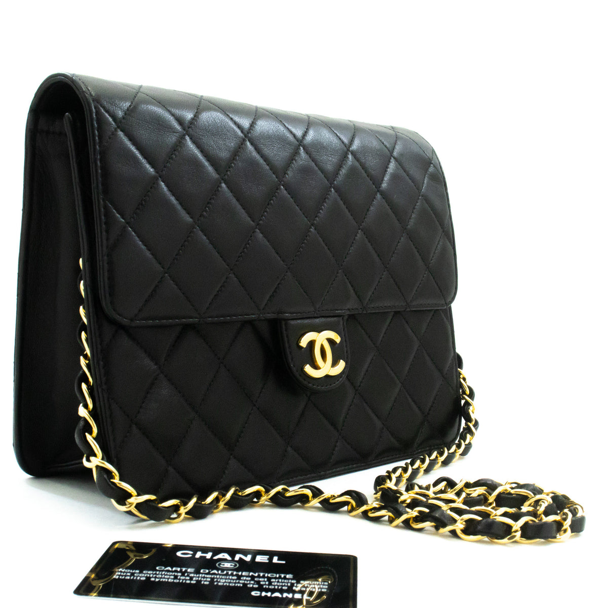 CHANEL Small Chain Schoudertas Clutch Zwart Gewatteerde Flap Lamsskin ap4 — bovenaanzicht hannari-shop