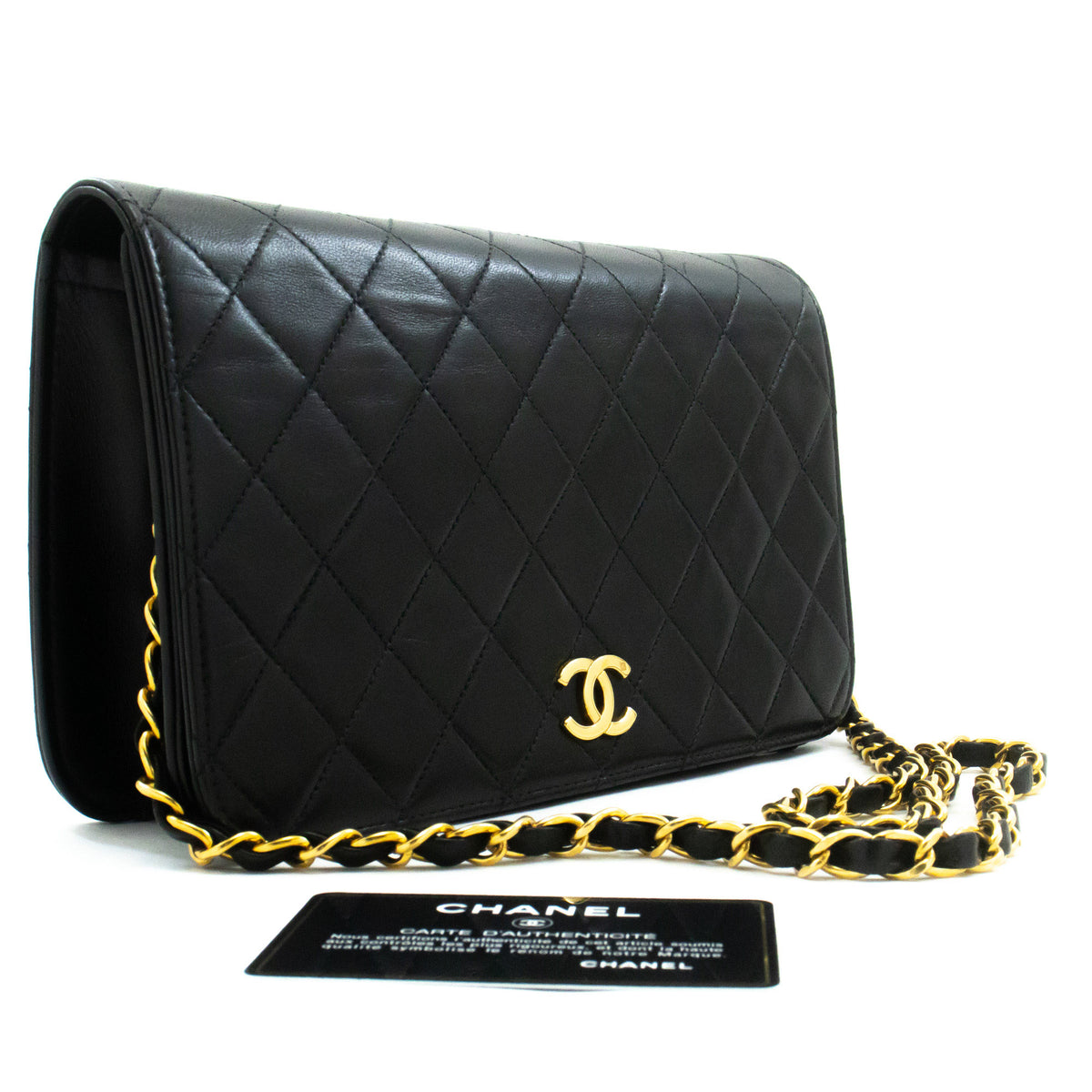 CHANEL Full Flap Chain Schoudertas Clutch Zwart Gewatteerd Lamsleer ao4 — bovenaanzicht hannari-shop