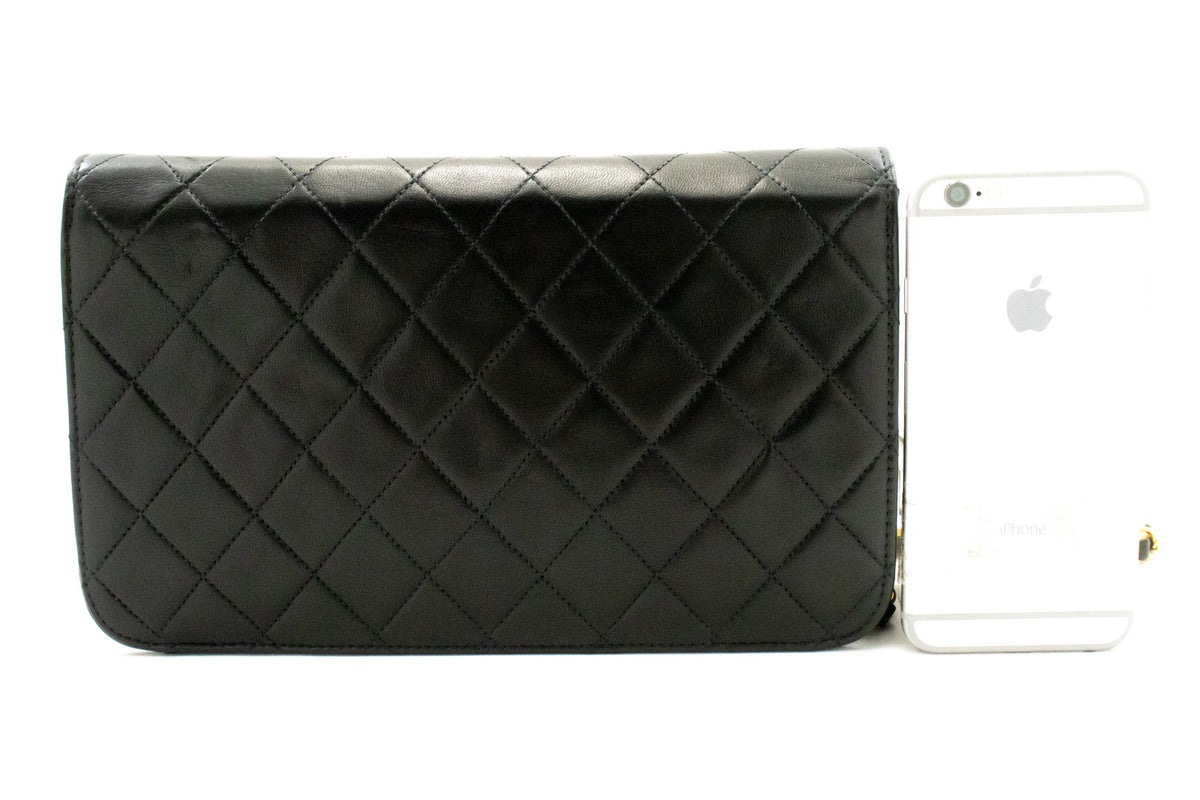 CHANEL Full Flap Chain Schoudertas Clutch Zwart Gewatteerd Lamsleer ao4 — achterkant hannari-shop