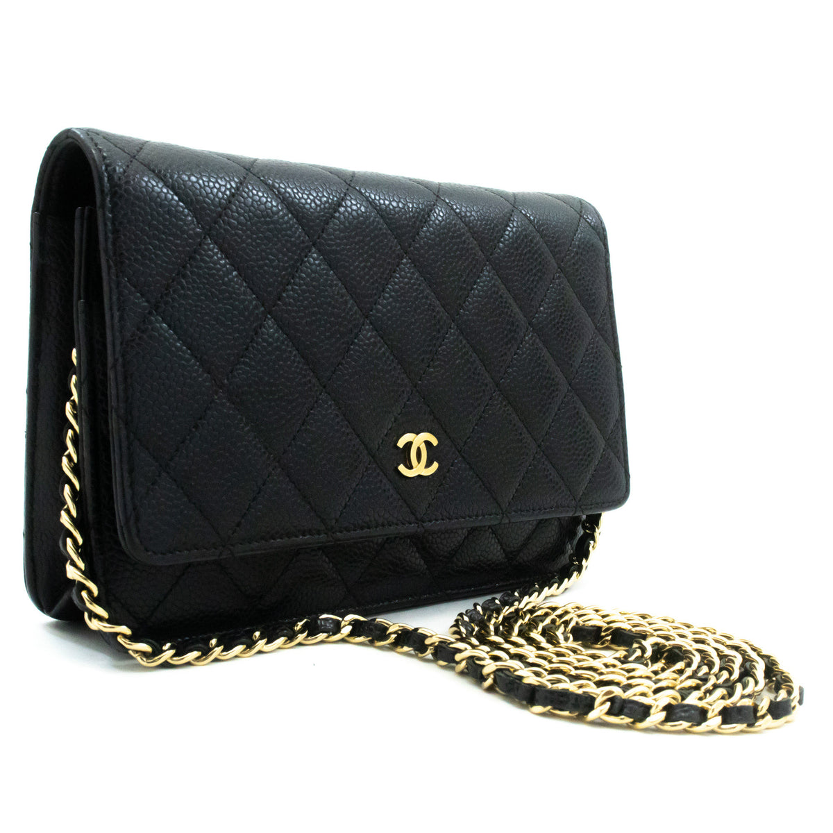 CHANEL portemonnee van generfd kalfsleer aan ketting WOC zwarte schoudertas ap1 — bovenaanzicht hannari-shop