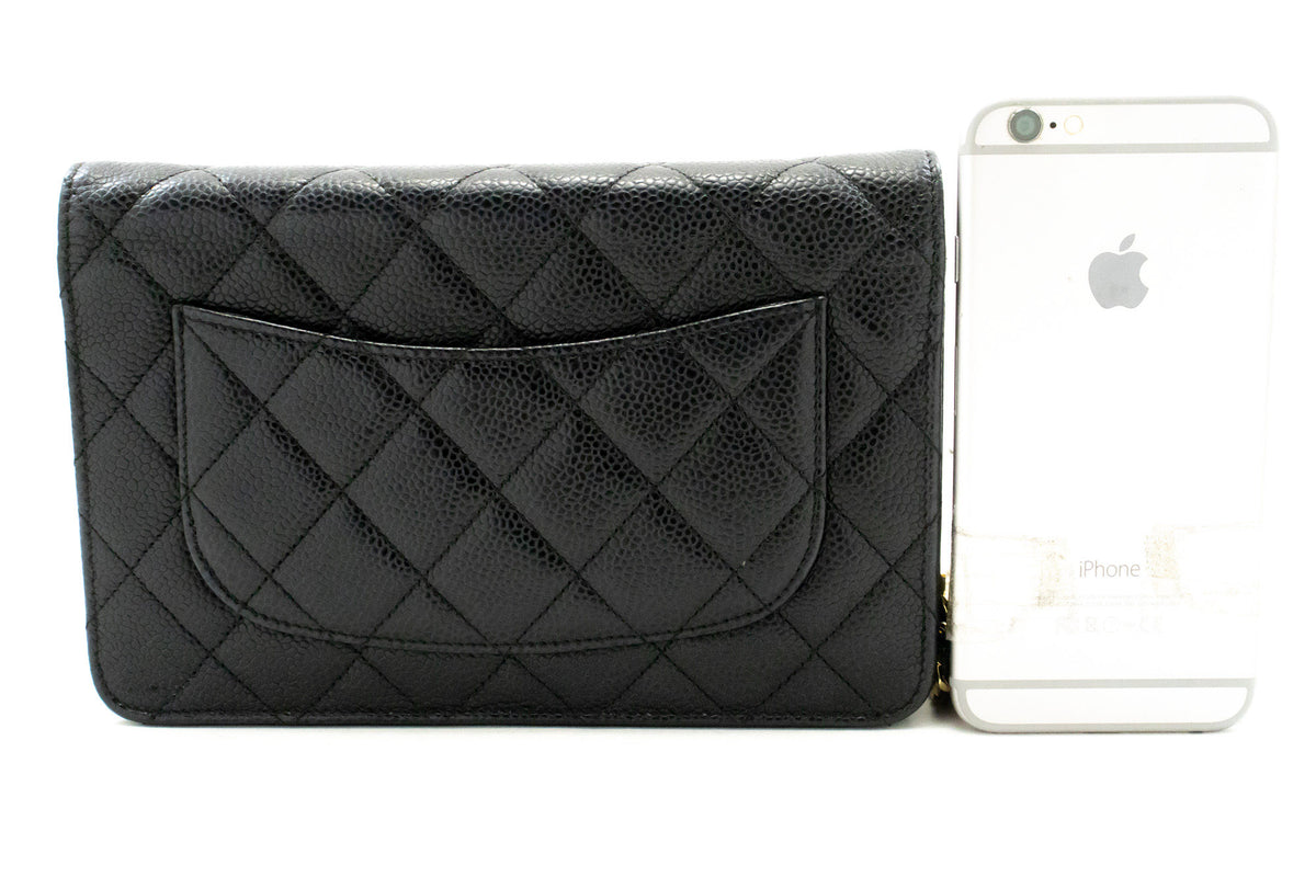 CHANEL portemonnee van generfd kalfsleer aan ketting WOC zwarte schoudertas ap1 — achterkant hannari-shop