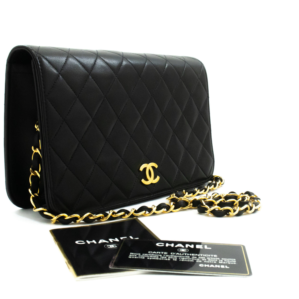 CHANEL Full Flap Chain Schoudertas Clutch Zwart Gewatteerd Lamsleer ao5 — bovenaanzicht hannari-shop