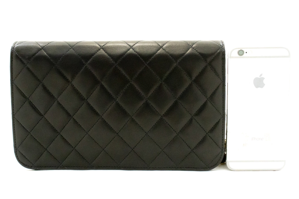 CHANEL Full Flap Chain Schoudertas Clutch Zwart Gewatteerd Lamsleer ao5 — achterkant hannari-shop