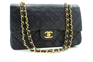 CHANEL Classic Double Flap 10" Chain Shoulder Bag Black Lambskin n05 hannari-shop