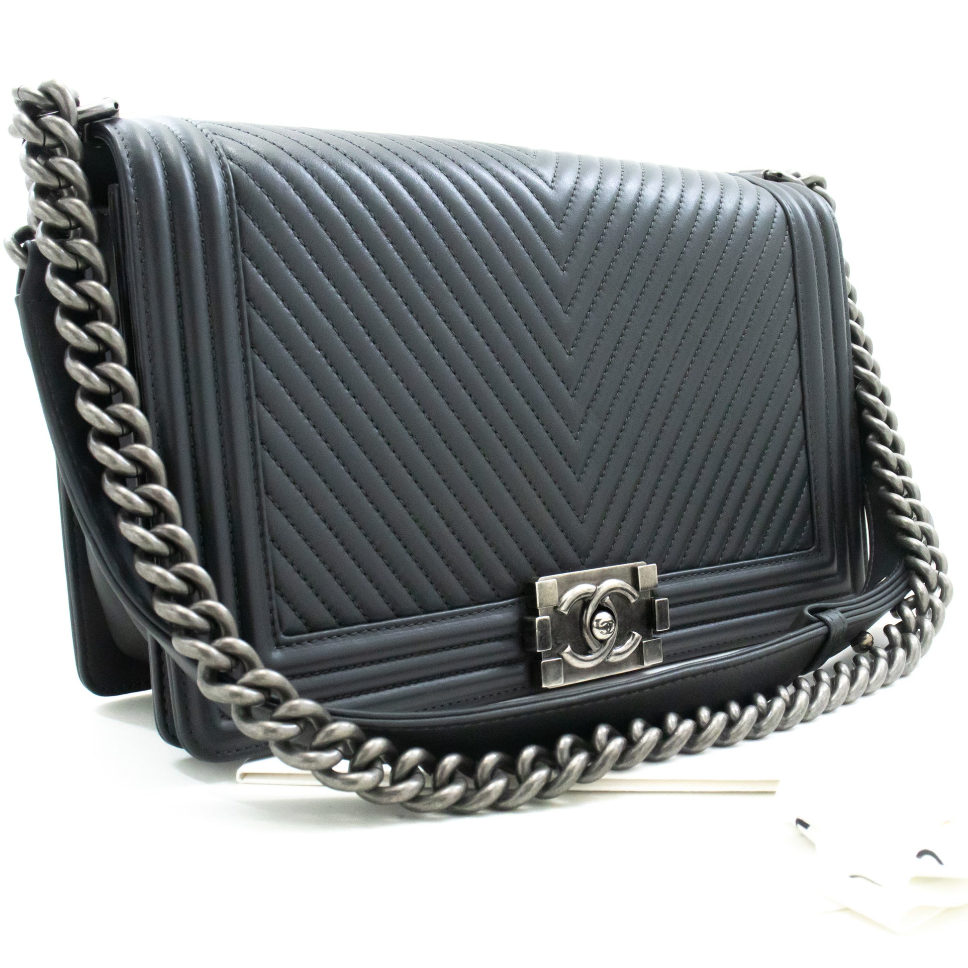CHANEL Boy Dark Gray V-Stitch Chain Shoulder Bag Quilted Flap n41 hannari-shop