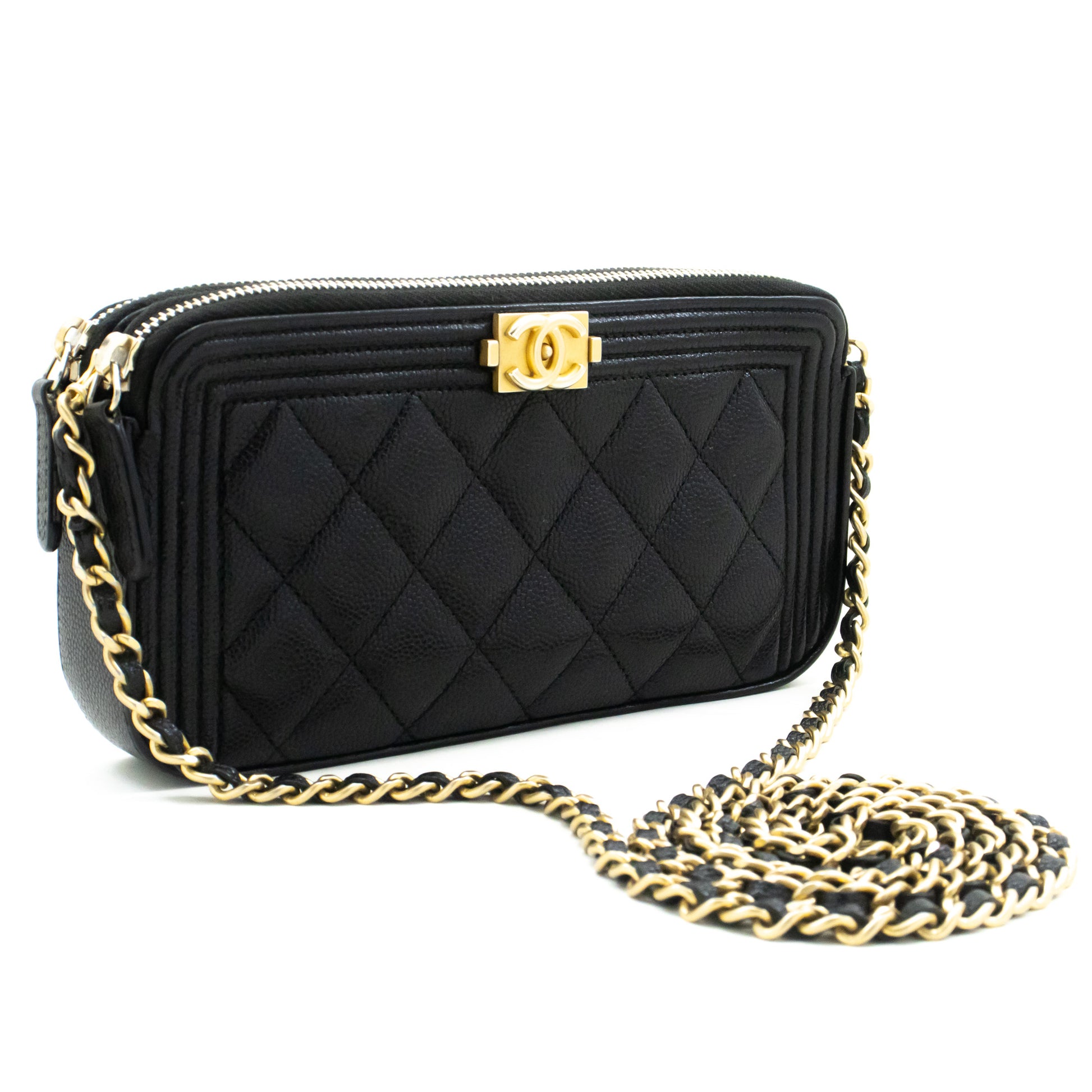 CHANEL Boy Zwarte Caviar Portemonnee Aan Ketting WOC Dubbele Ritssluiting Schoudertas n35 hannari-shop