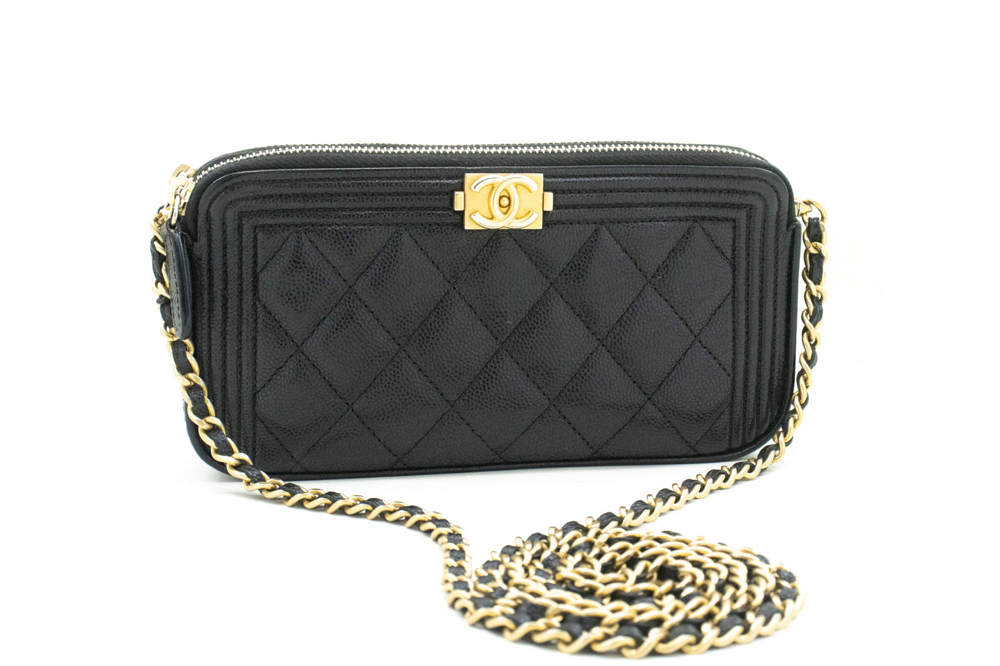 CHANEL Boy Zwarte Caviar Portemonnee Aan Ketting WOC Dubbele Ritssluiting Schoudertas n35 hannari-shop