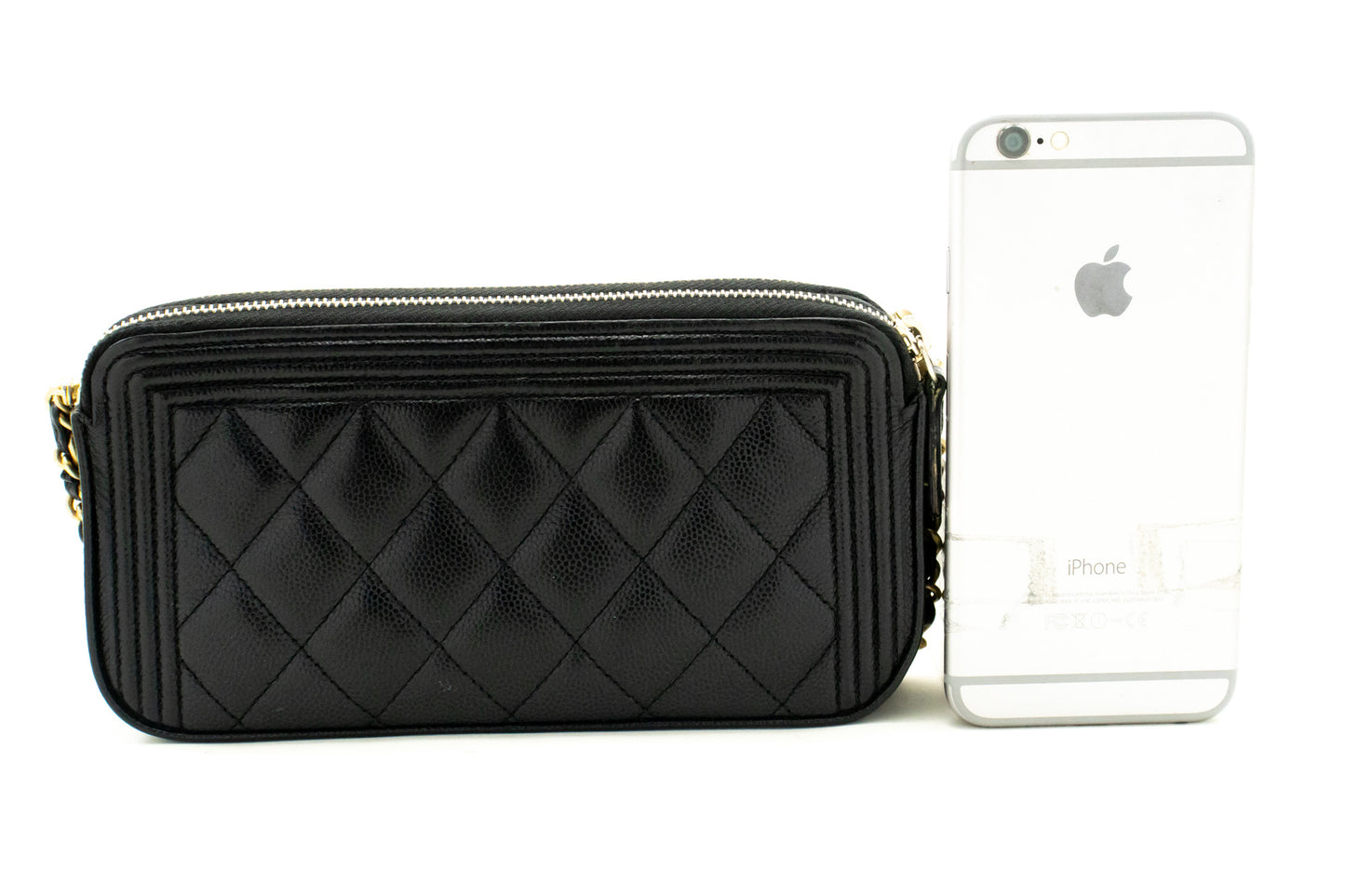 CHANEL Boy Zwarte Caviar Portemonnee Aan Ketting WOC Dubbele Ritssluiting Schoudertas n35 hannari-shop
