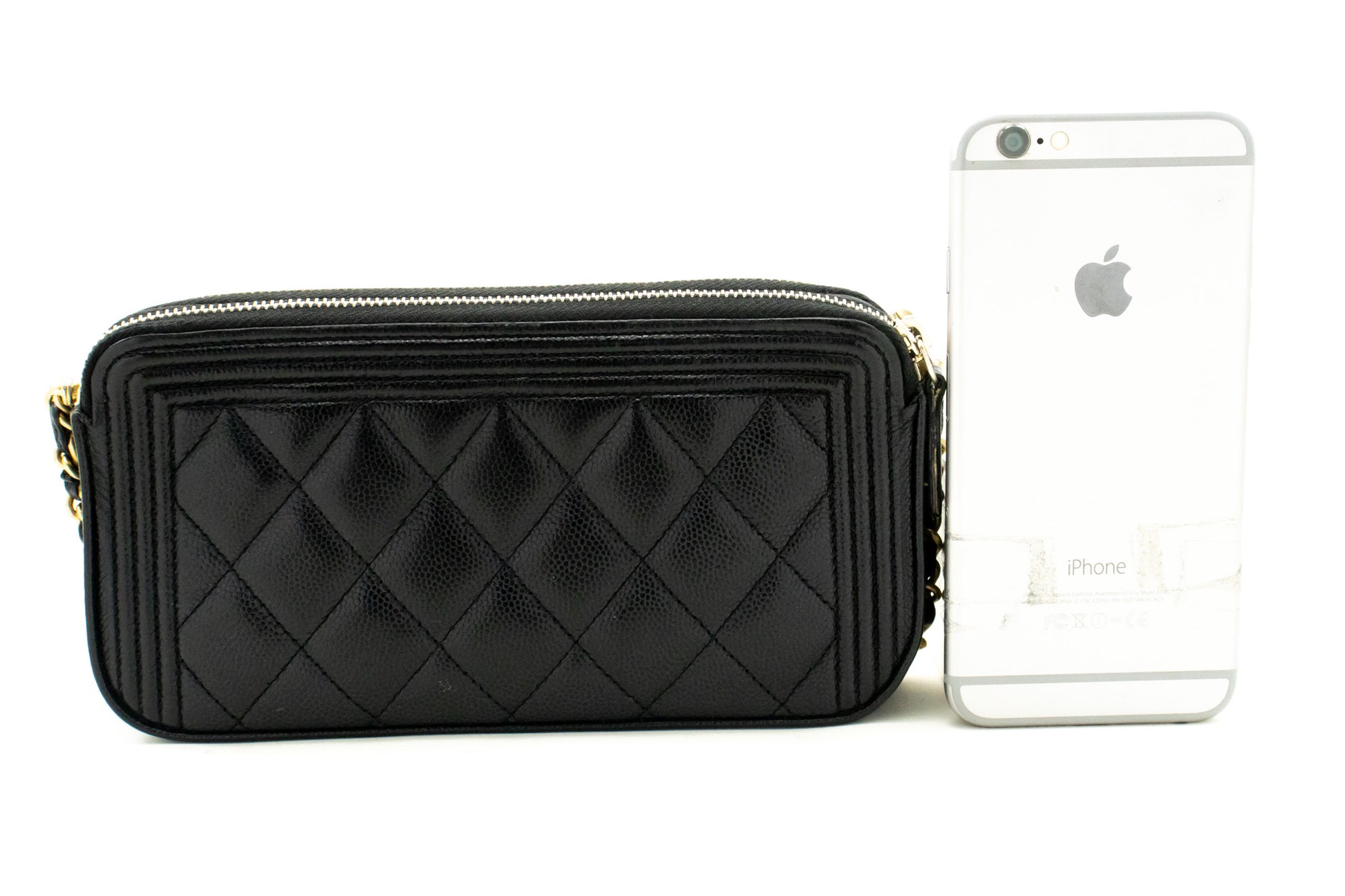 CHANEL Boy Zwarte Caviar Portemonnee Aan Ketting WOC Dubbele Ritssluiting Schoudertas n35 hannari-shop