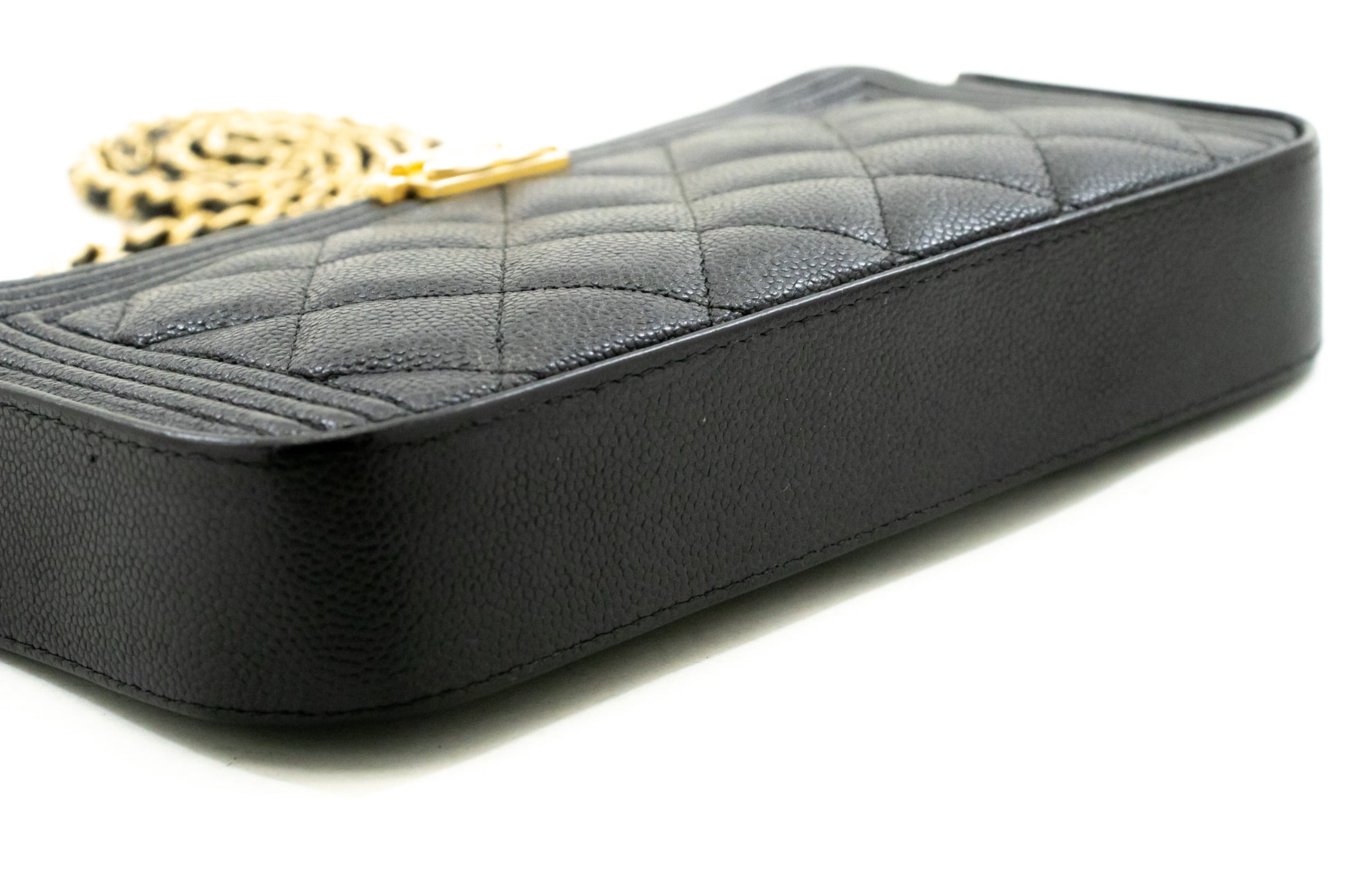 CHANEL Boy Zwarte Caviar Portemonnee Aan Ketting WOC Dubbele Ritssluiting Schoudertas n35 hannari-shop
