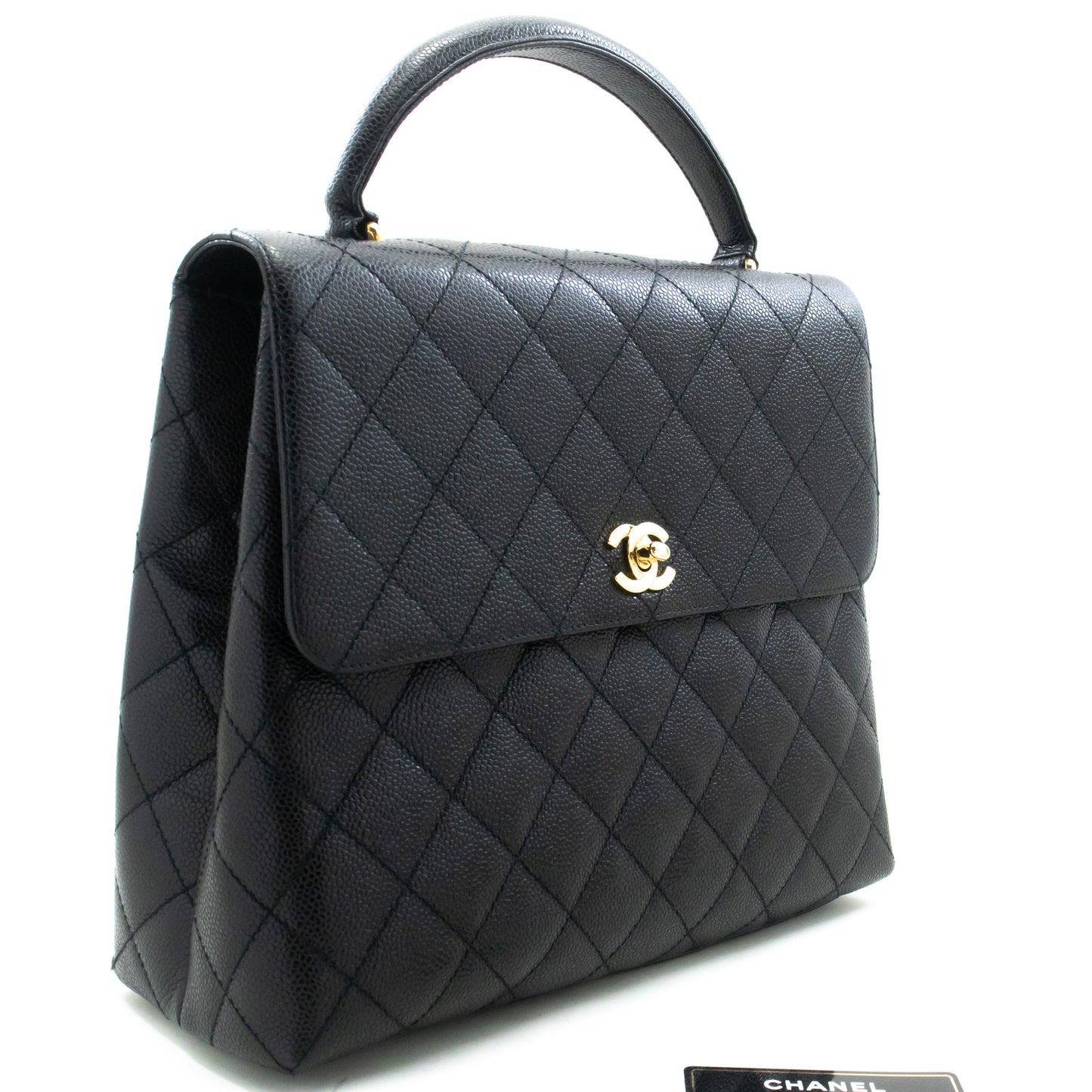CHANEL Caviar Handtas Top Handle Tas Kelly Zwart Flap Leer Goud n63 hannari-shop