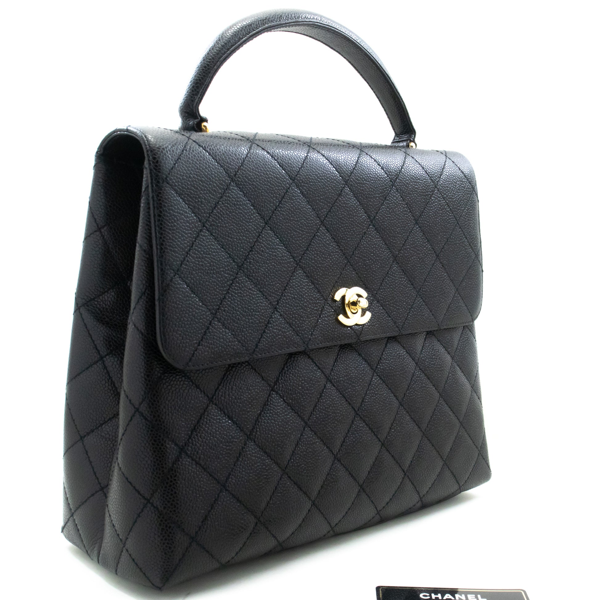 CHANEL Caviar Handtas Top Handle Tas Kelly Zwart Flap Leer Goud n63 hannari-shop