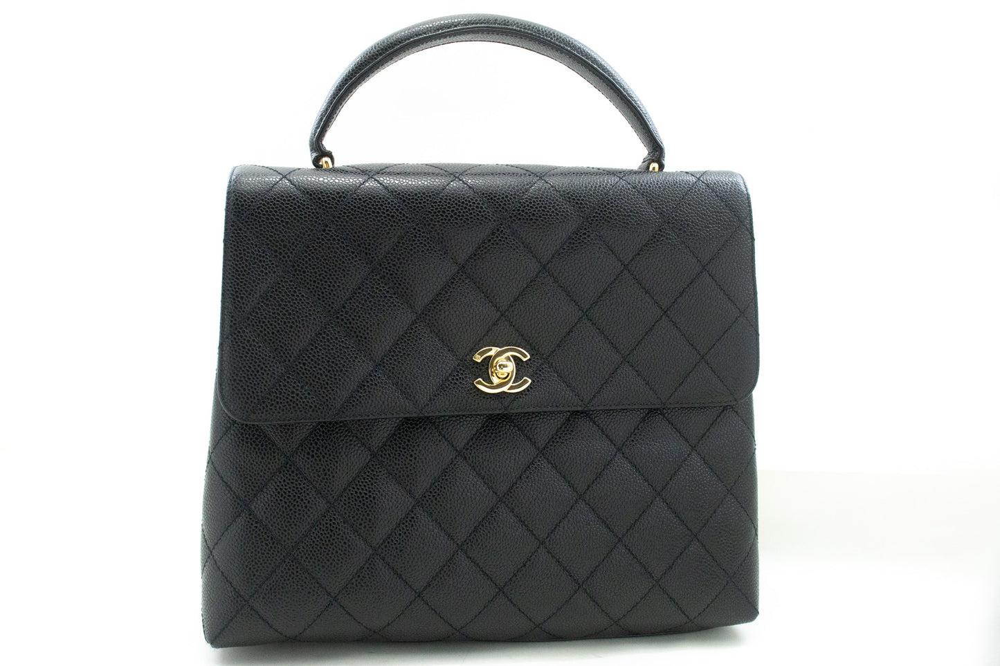 CHANEL Caviar Handtas Top Handle Tas Kelly Zwart Flap Leer Goud n63 hannari-shop