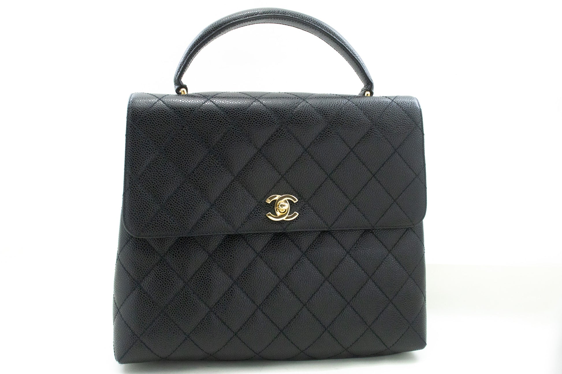 CHANEL Caviar Handtas Top Handle Tas Kelly Zwart Flap Leer Goud n63 hannari-shop