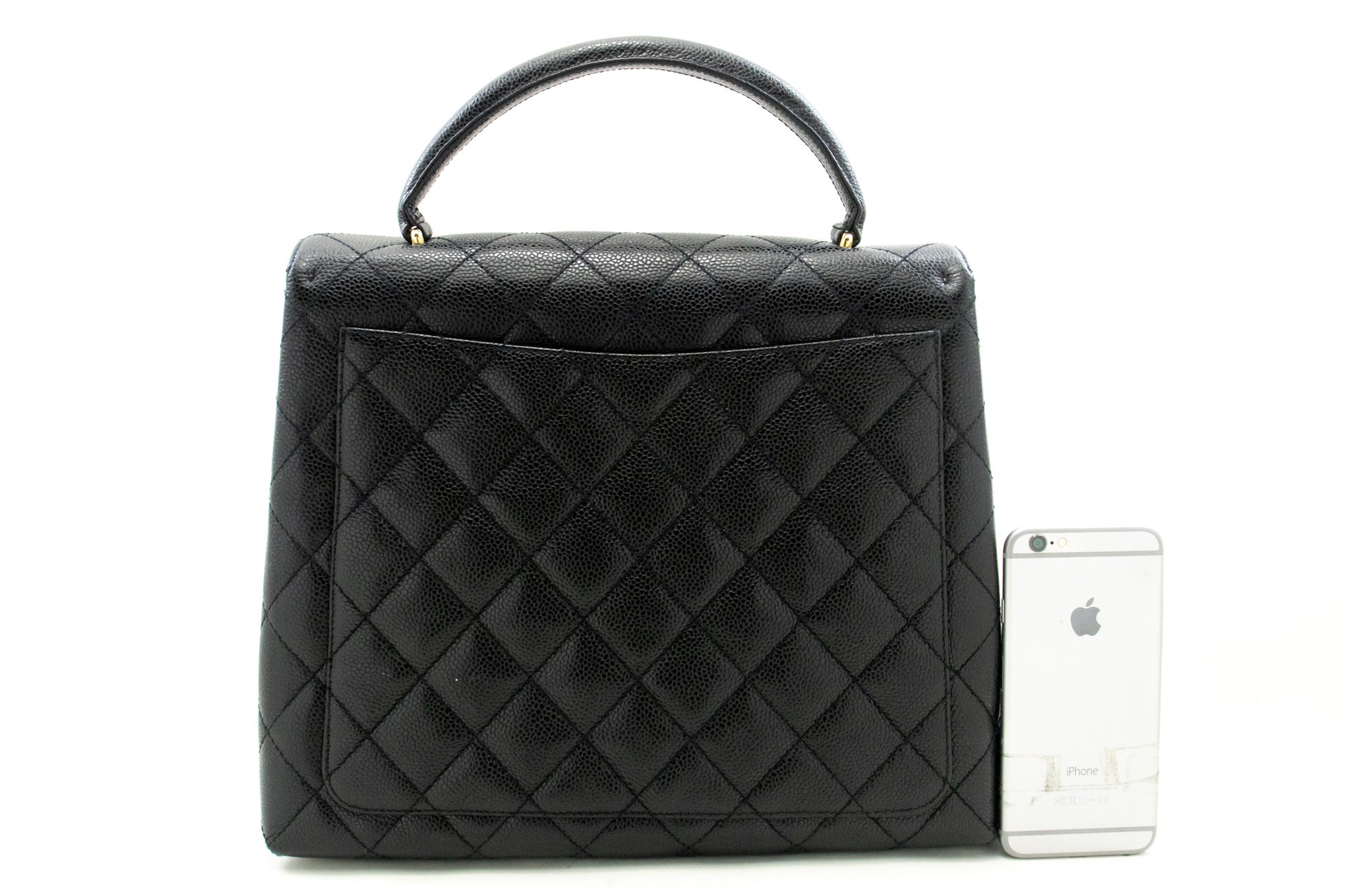 CHANEL Caviar Handtas Top Handle Tas Kelly Zwart Flap Leer Goud n63 hannari-shop