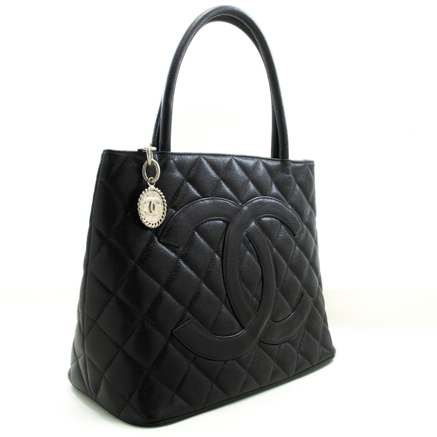 CHANEL Silver Medallion Caviar Schoudertas Winkel Tote Zwart SV n42 hannari-shop