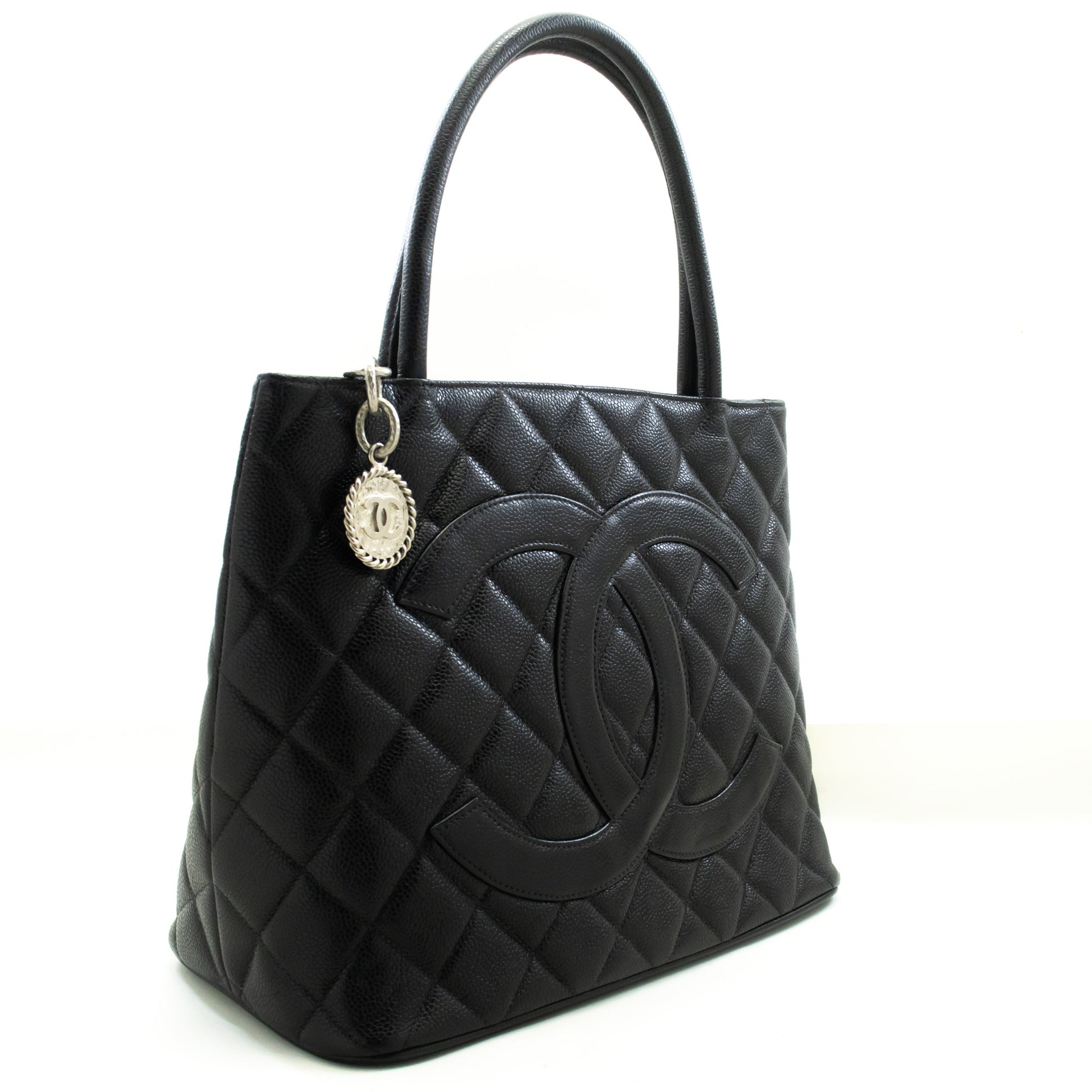 CHANEL Silver Medallion Caviar Schoudertas Winkel Tote Zwart SV n42 hannari-shop