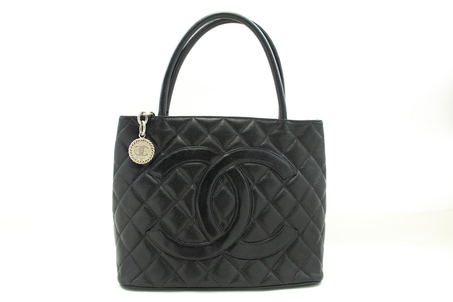 CHANEL Silver Medallion Caviar Schoudertas Winkel Tote Zwart SV n42 hannari-shop